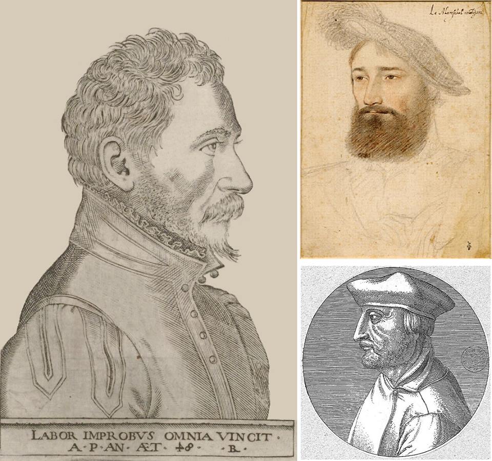 Слева: Амбруаз Паре (около 1510-1590) в возрасте 48 лет. Портрет из сборника «10 книг о хирургии», отправленного в печать 3 февраля 1563 года. Под портретом - его девиз на латинском языке: "Упорный труд всё побеждает". Справа вверху: Рене, барон де Монжан и де Комбург, сеньор де Бопрео, в 1538 году, когда он стал маршалом Франции, а Паре был хирургом его армии в Пьемонте. Справа внизу: анатом и лингвист Жак Дюбуа (1478-1555), издававшийся под латинизированным именем Якобус Сильвиус. Друг Амбруаза Паре, первый профессор хирургии в Королевском коллеже, ныне Коллеж де Франс.
